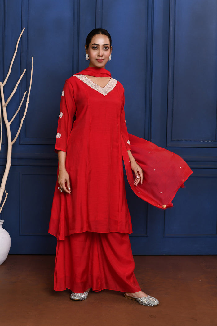 Crimson Red Solid Dupion Silk Kurta Set