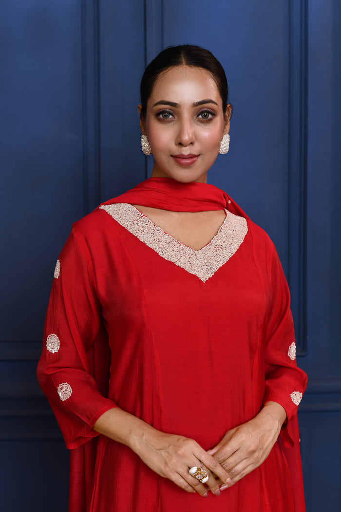 Crimson Red Solid Dupion Silk Kurta Set
