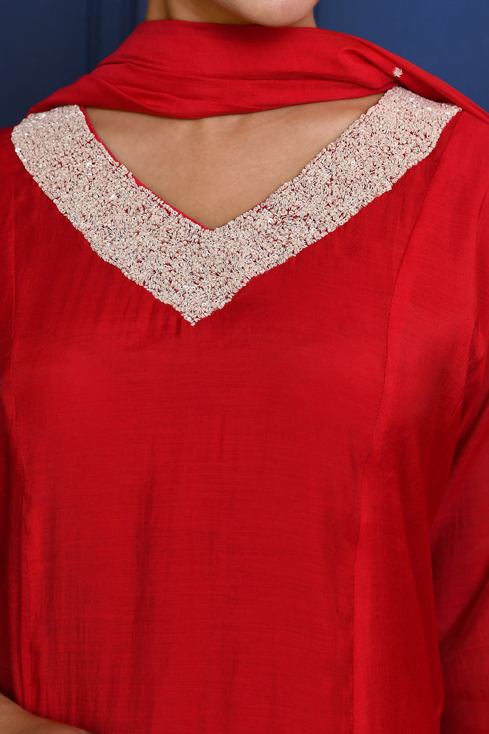 Crimson Red Solid Dupion Silk Kurta Set