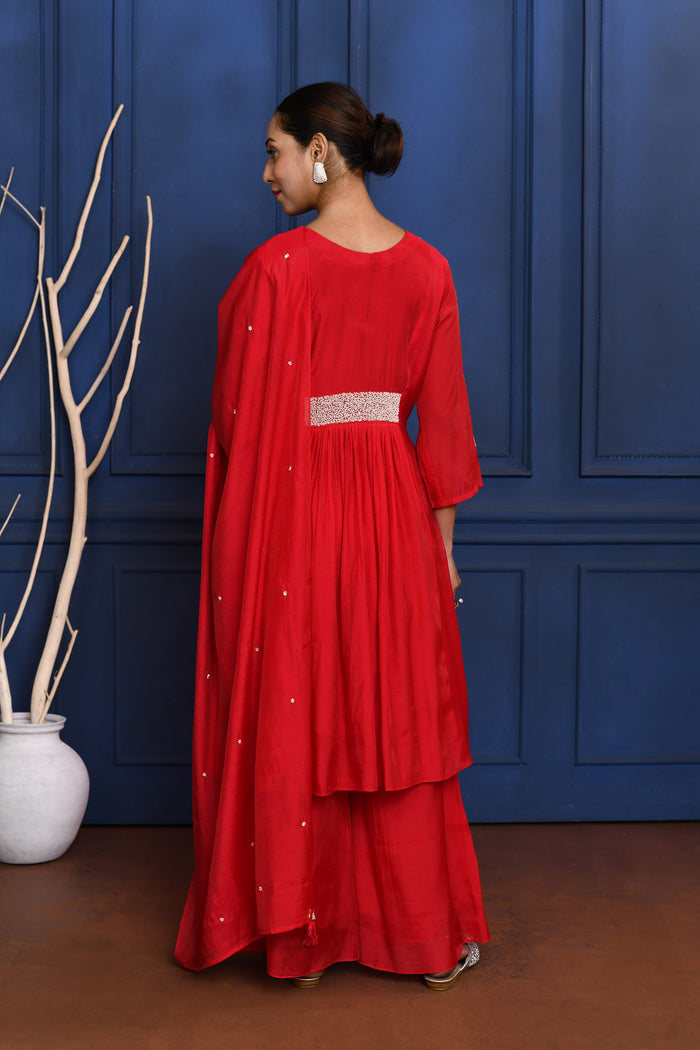 Crimson Red Solid Dupion Silk Kurta Set