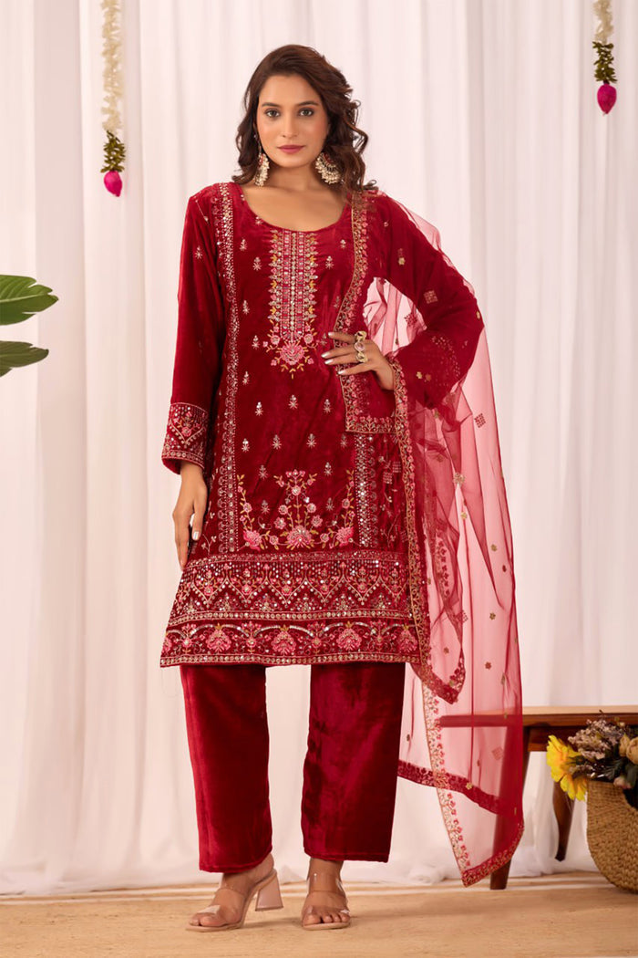 Crimson Red Velvet Floral Embroidered Kurta Set
