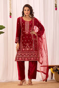 Crimson Red Velvet Floral Embroidered Kurta Set