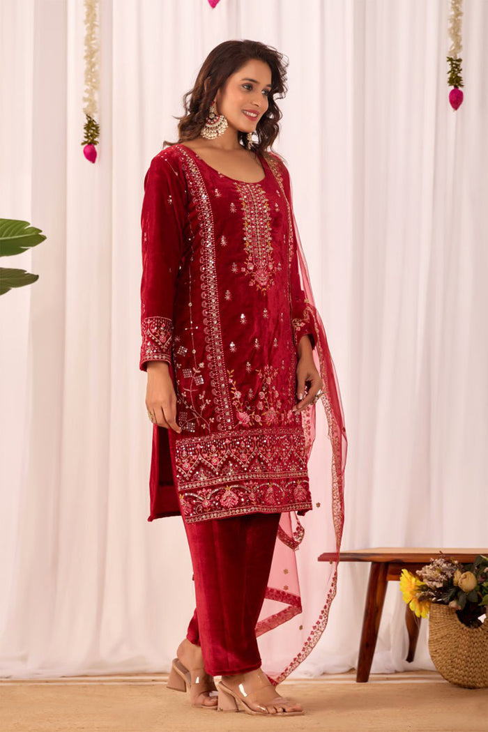 Crimson Red Velvet Floral Embroidered Kurta Set