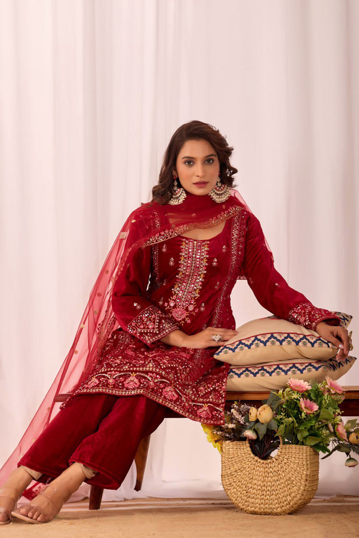 Crimson Red Velvet Floral Embroidered Kurta Set