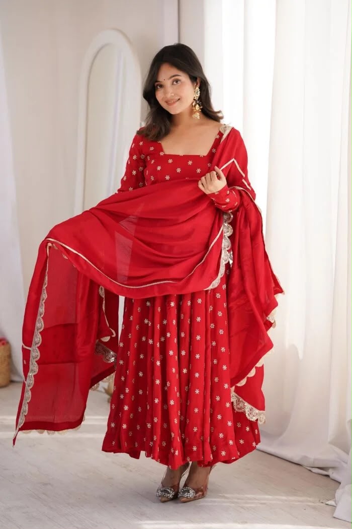 Crimson Silk Anarkali With Scattered Floral Motifs