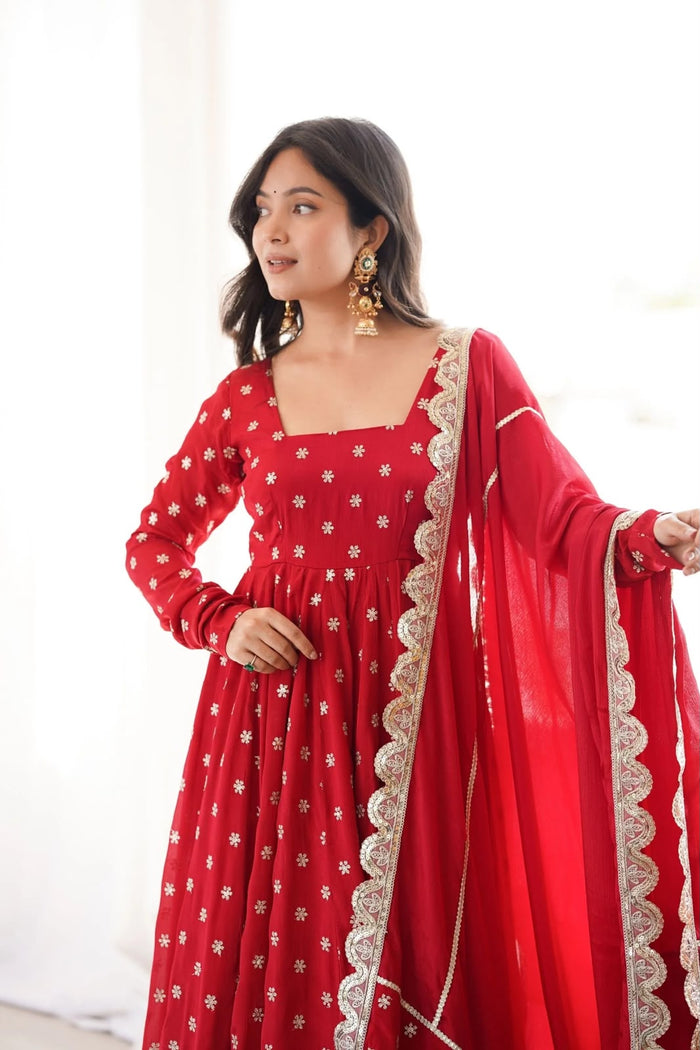 Crimson Silk Anarkali With Scattered Floral Motifs