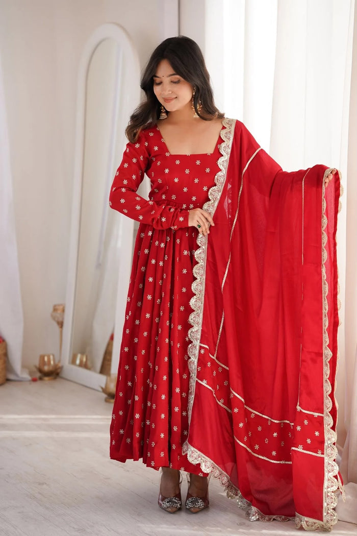 Crimson Silk Anarkali With Scattered Floral Motifs