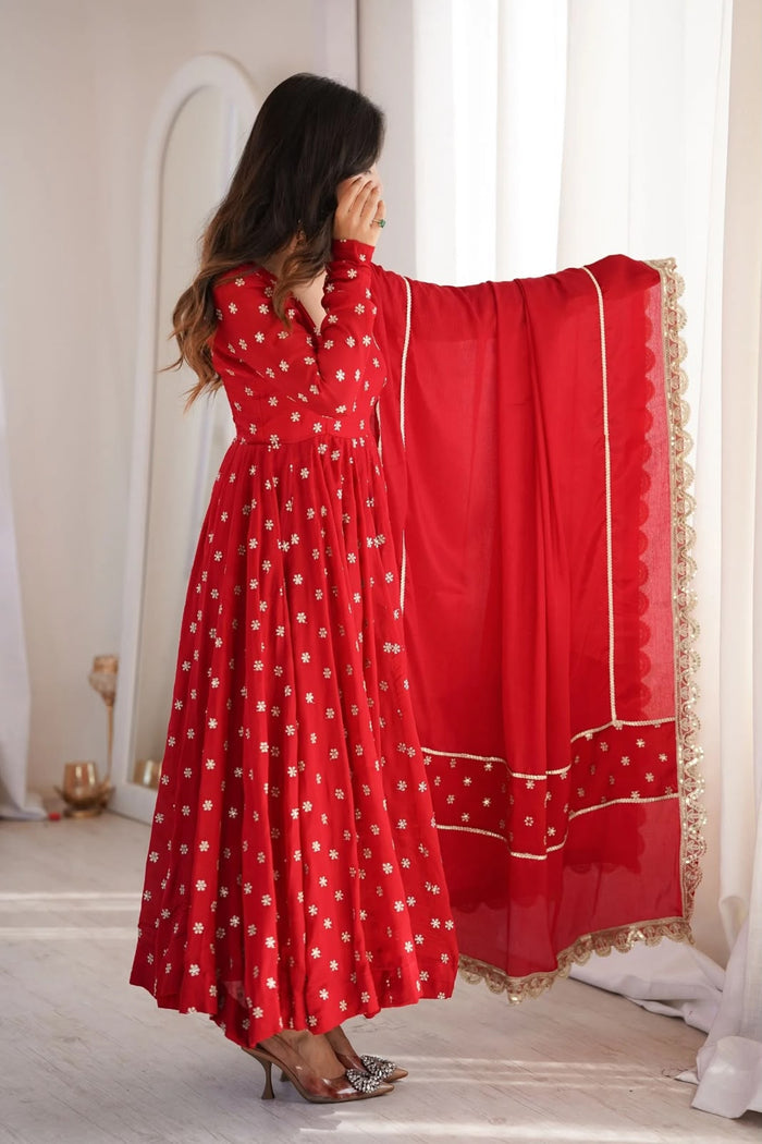 Crimson Silk Anarkali With Scattered Floral Motifs