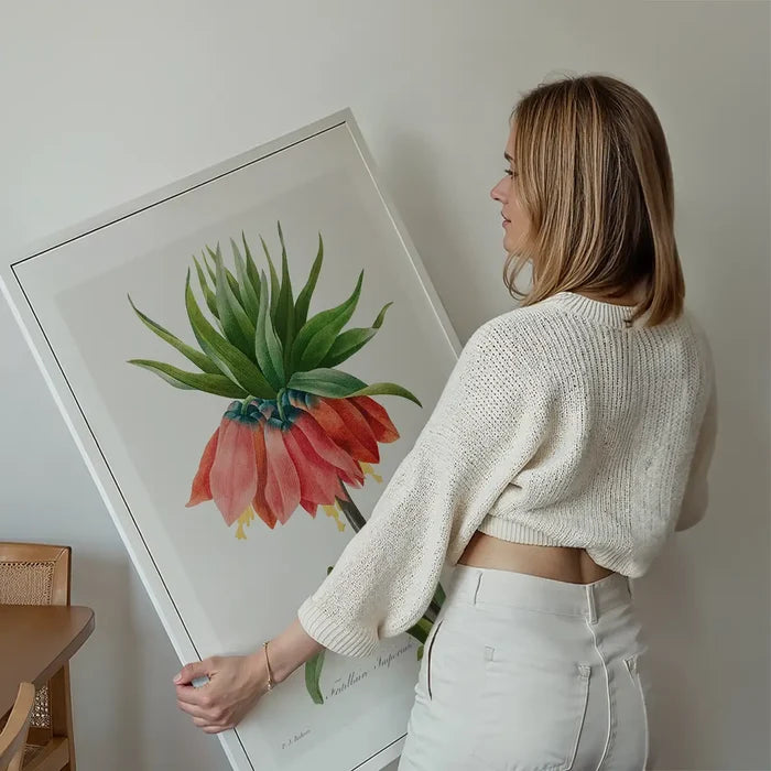 Crown Imperial Fritillary Flower Print held up against a living room wall
