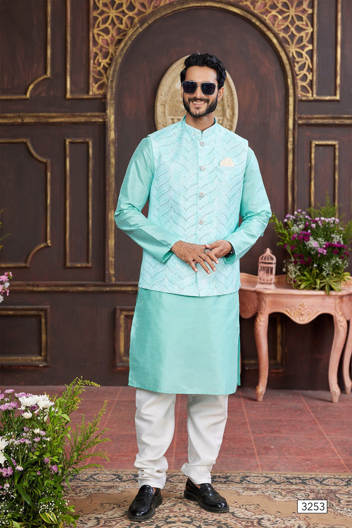 Cyan Art Banarasi Silk Kurta Set With Nehru Jacket