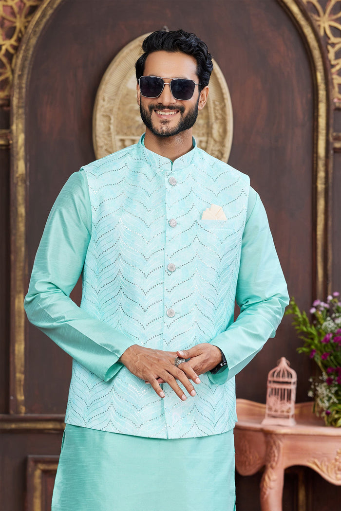 Cyan Art Banarasi Silk Kurta Set With Nehru Jacket