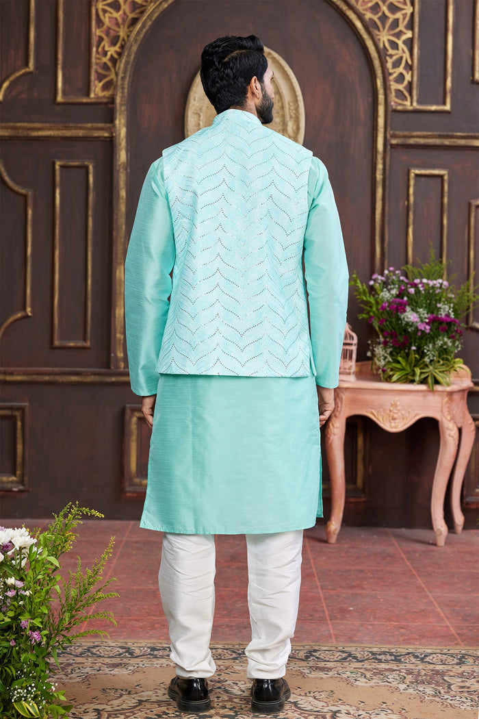 Cyan Art Banarasi Silk Kurta Set With Nehru Jacket