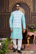 Cyan Blue Silk Kurta Set With Jacket