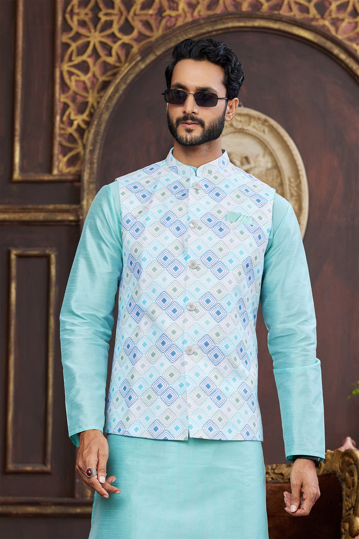 Cyan Blue Silk Kurta Set With Jacket
