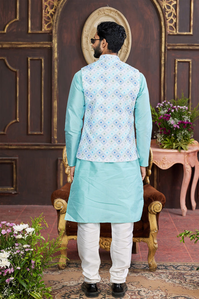 Cyan Blue Silk Kurta Set With Jacket