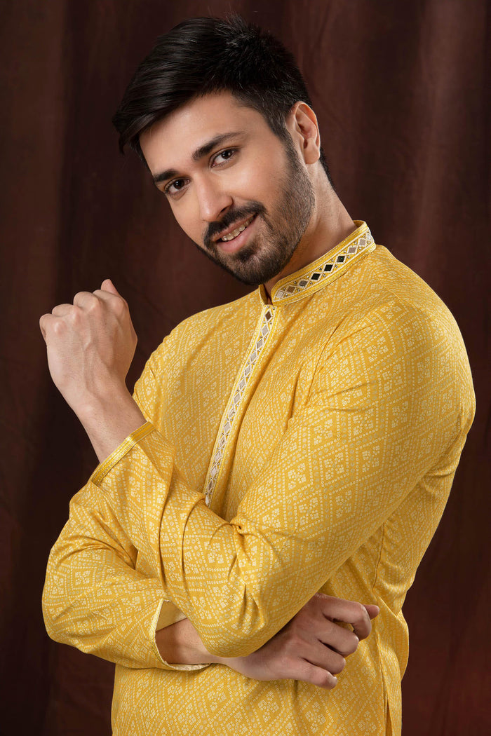 Cyber Yellow Art Silk Kurta Set With Shisha Work