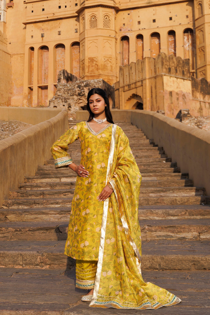 Cyber Yellow Chanderi Kurta Set With Prints And Lace Work