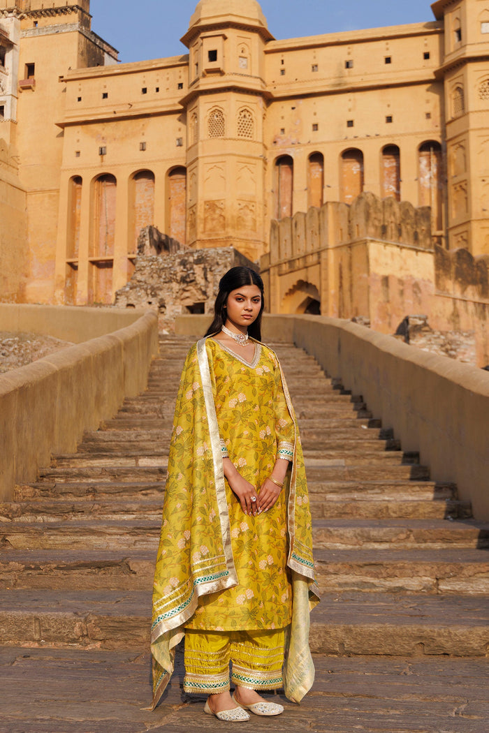 Cyber Yellow Chanderi Kurta Set With Prints And Lace Work