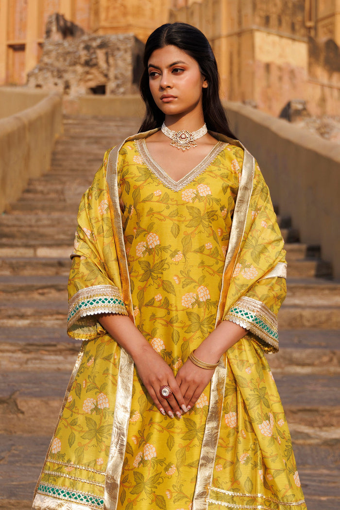 Cyber Yellow Chanderi Kurta Set With Prints And Lace Work