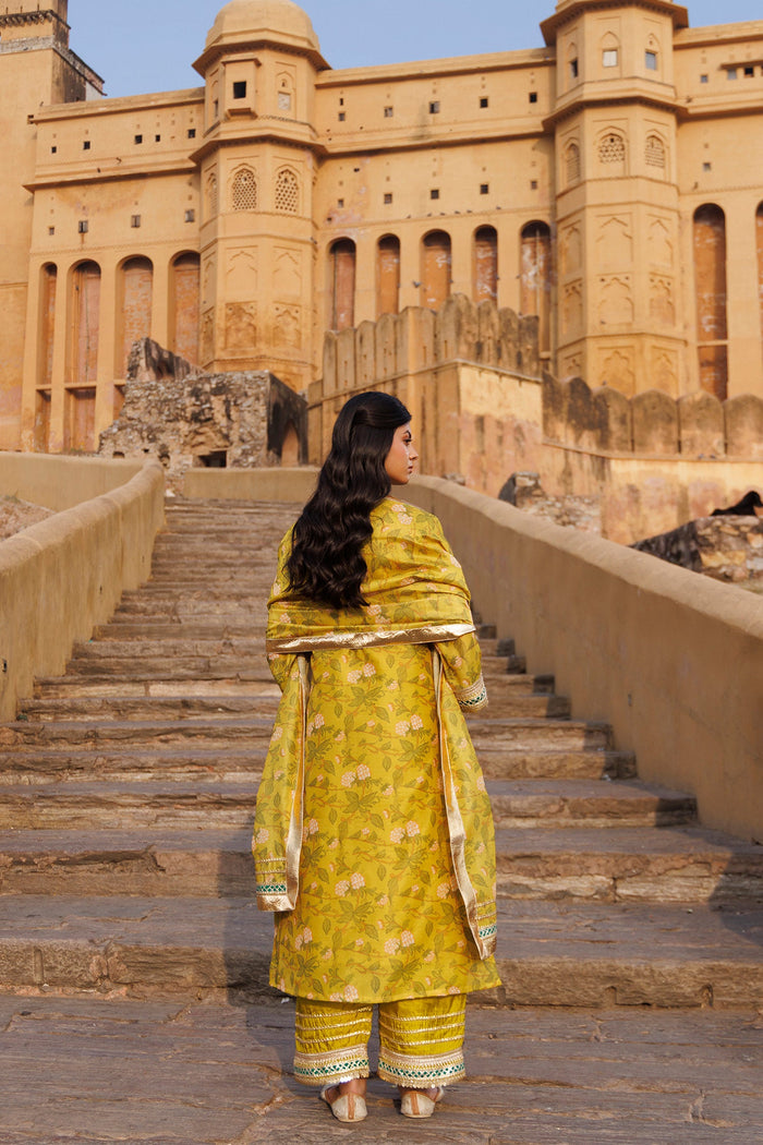 Cyber Yellow Chanderi Kurta Set With Prints And Lace Work