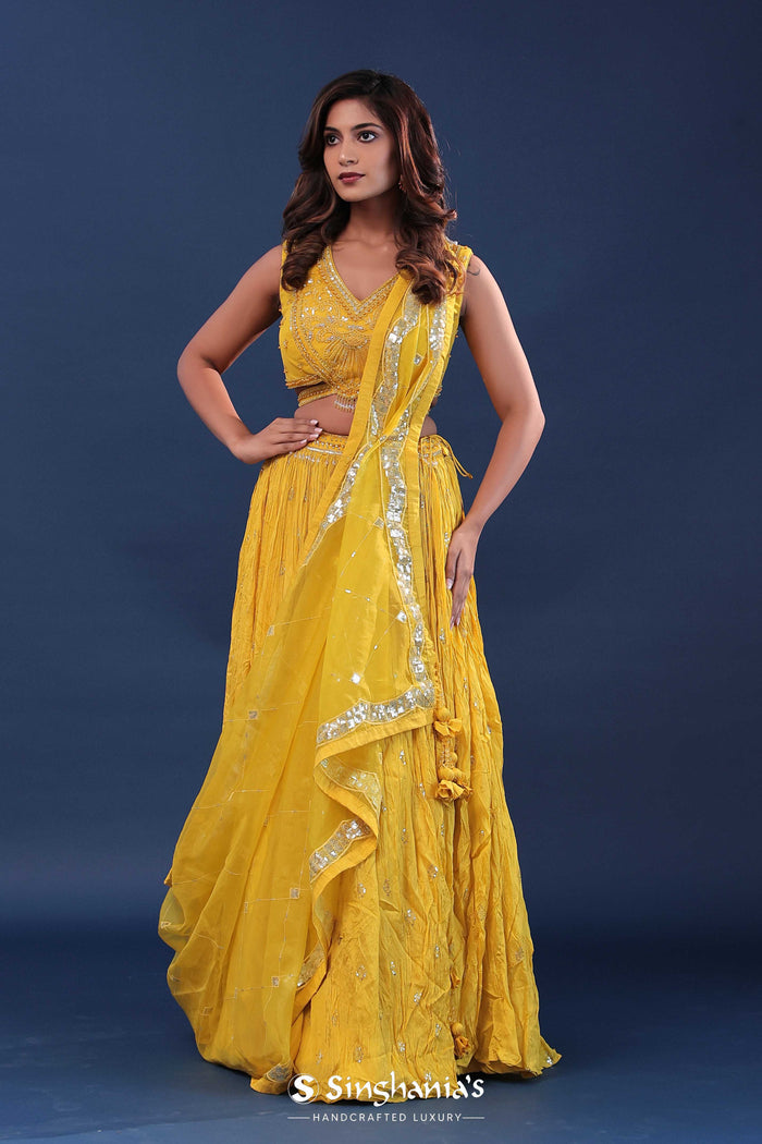 <img> Cyber Yellow Crushed Georgette Lehenga Set With Organza Dupatta