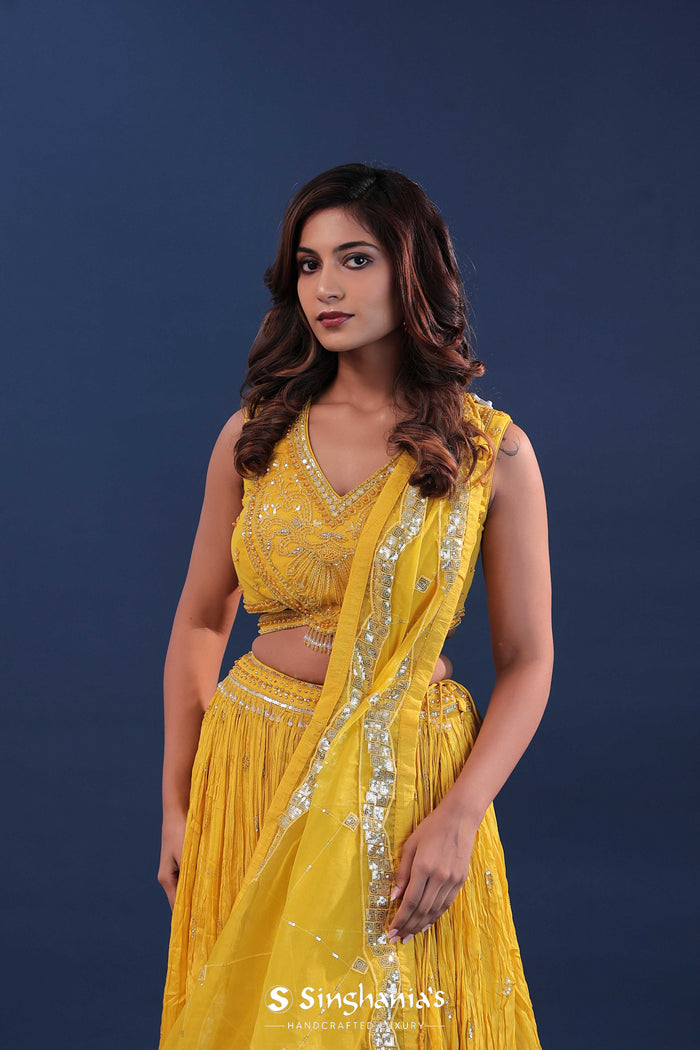 <img> Cyber Yellow Crushed Georgette Lehenga Set With Organza Dupatta