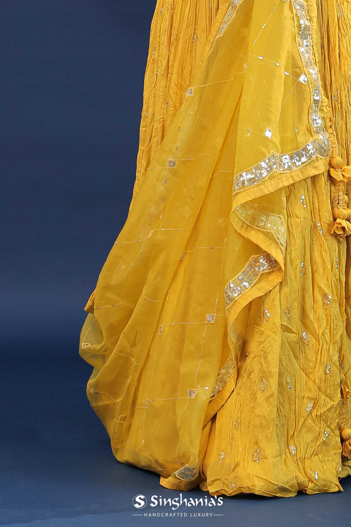 <img> Cyber Yellow Crushed Georgette Lehenga Set With Organza Dupatta