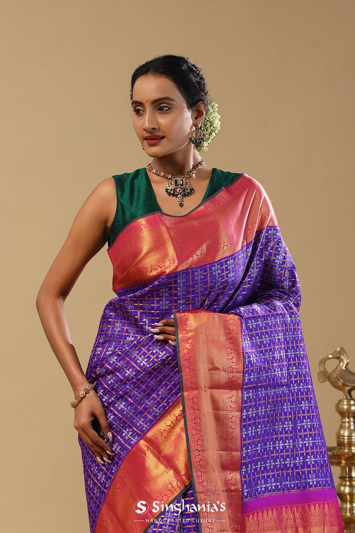Daisy Bush Blue Kanjivaram Silk Saree With Checks Pattern
