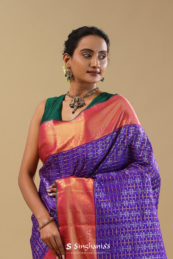 Daisy Bush Blue Kanjivaram Silk Saree With Checks Pattern