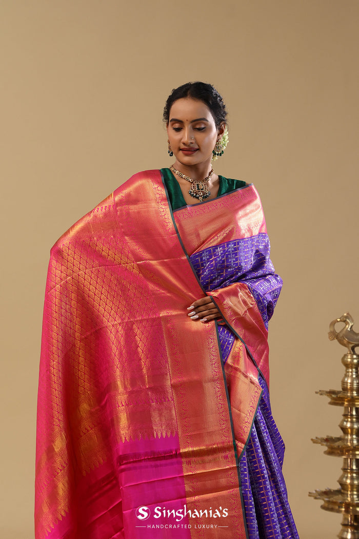 Daisy Bush Blue Kanjivaram Silk Saree With Checks Pattern