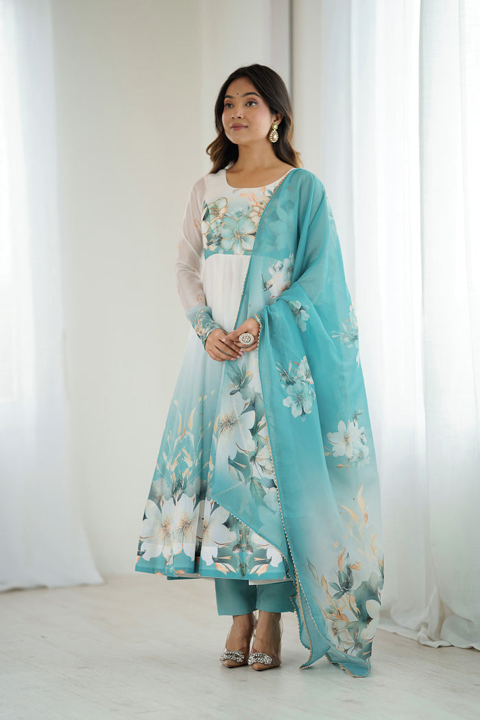 Daisy White Organza Floral Printed Anarkali Set