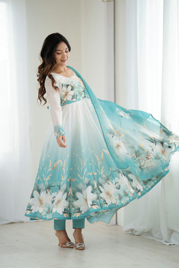 Daisy White Organza Floral Printed Anarkali Set