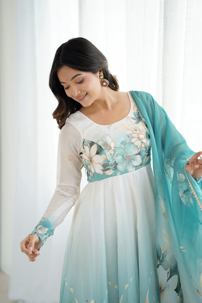 Daisy White Organza Floral Printed Anarkali Set