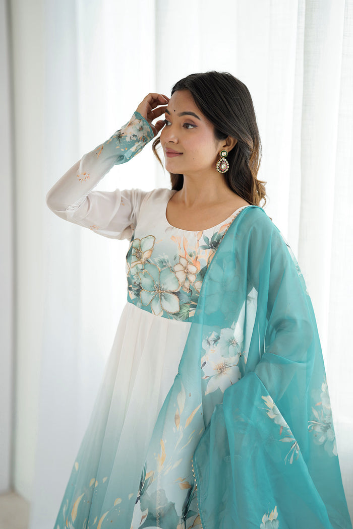 Daisy White Organza Floral Printed Anarkali Set
