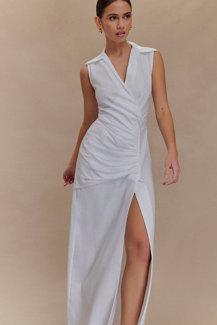 Dante Ruched Linen Midi Dress - White
