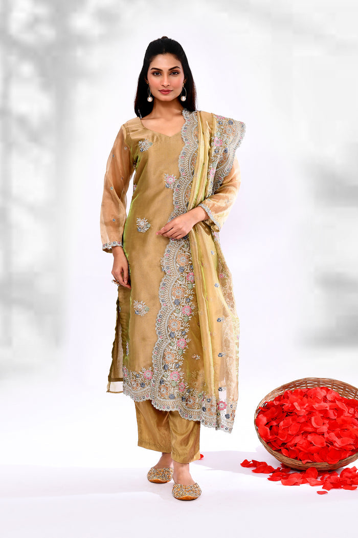 Dark Beige Organza Tissue Floral Embroidered Kurta Set