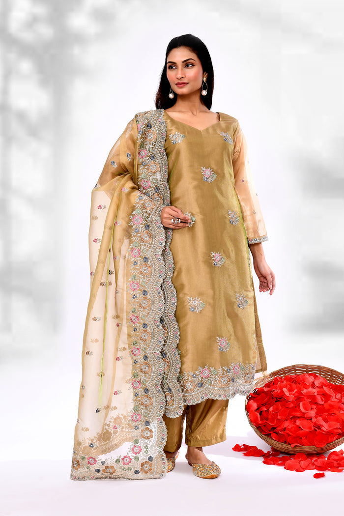 Dark Beige Organza Tissue Floral Embroidered Kurta Set