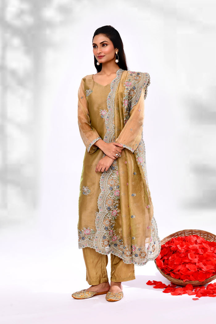 Dark Beige Organza Tissue Floral Embroidered Kurta Set