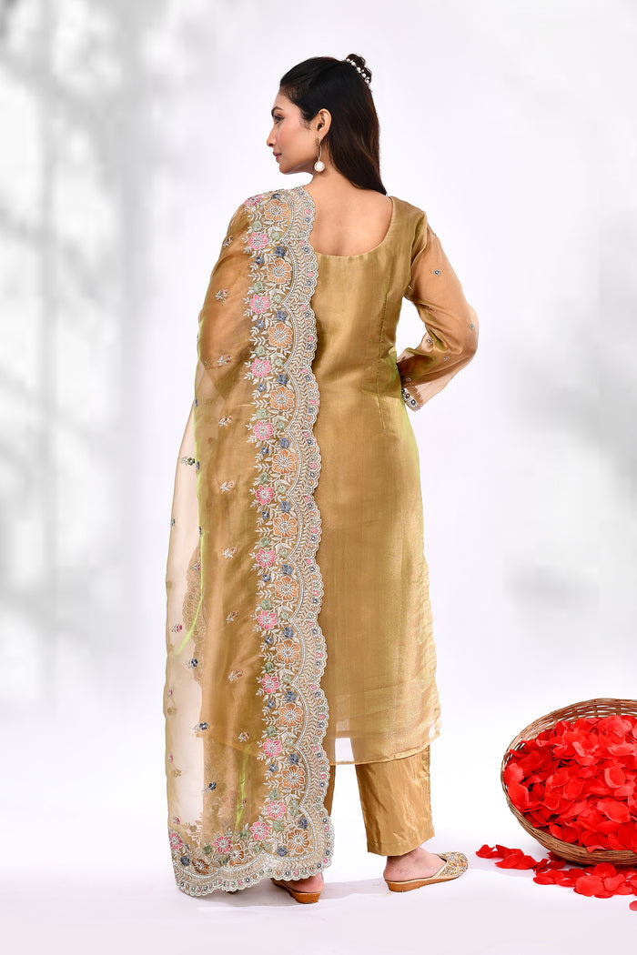 Dark Beige Organza Tissue Floral Embroidered Kurta Set