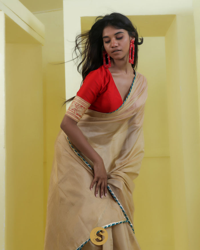 <img> Dark Beige Tissue Designer Saree With Embroidery Border