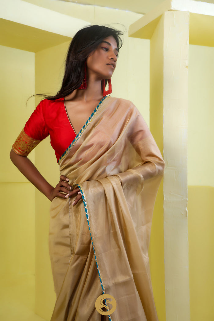 <img> Dark Beige Tissue Designer Saree With Embroidery Border