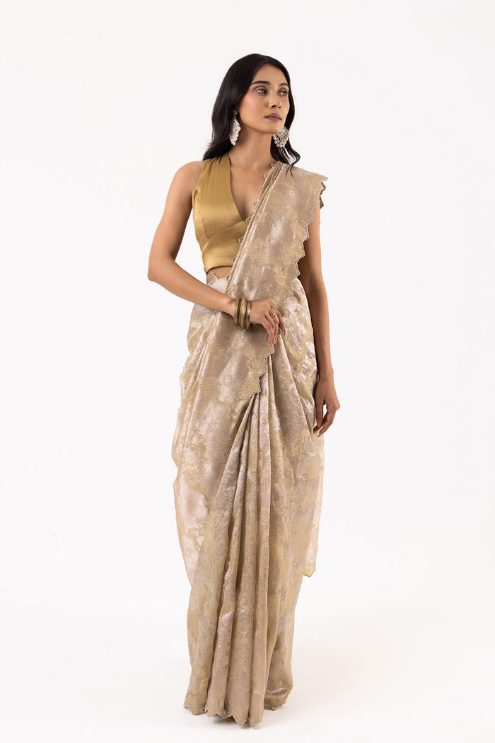 Dark Beige Viscose Jacquard Saree With Scallop Border
