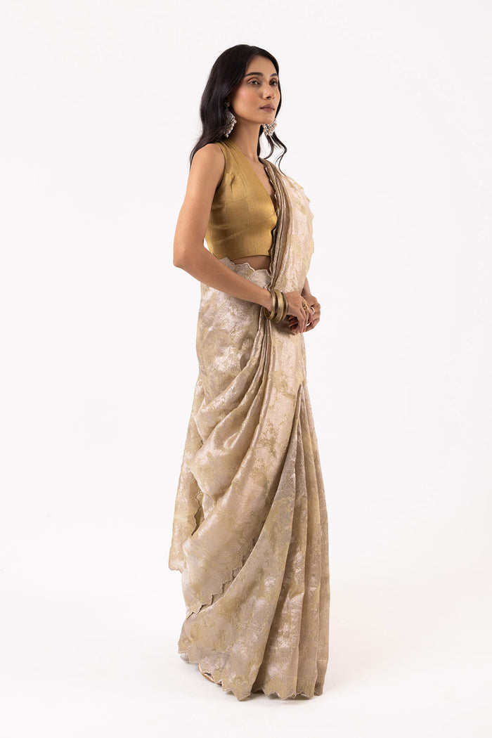 Dark Beige Viscose Jacquard Saree With Scallop Border