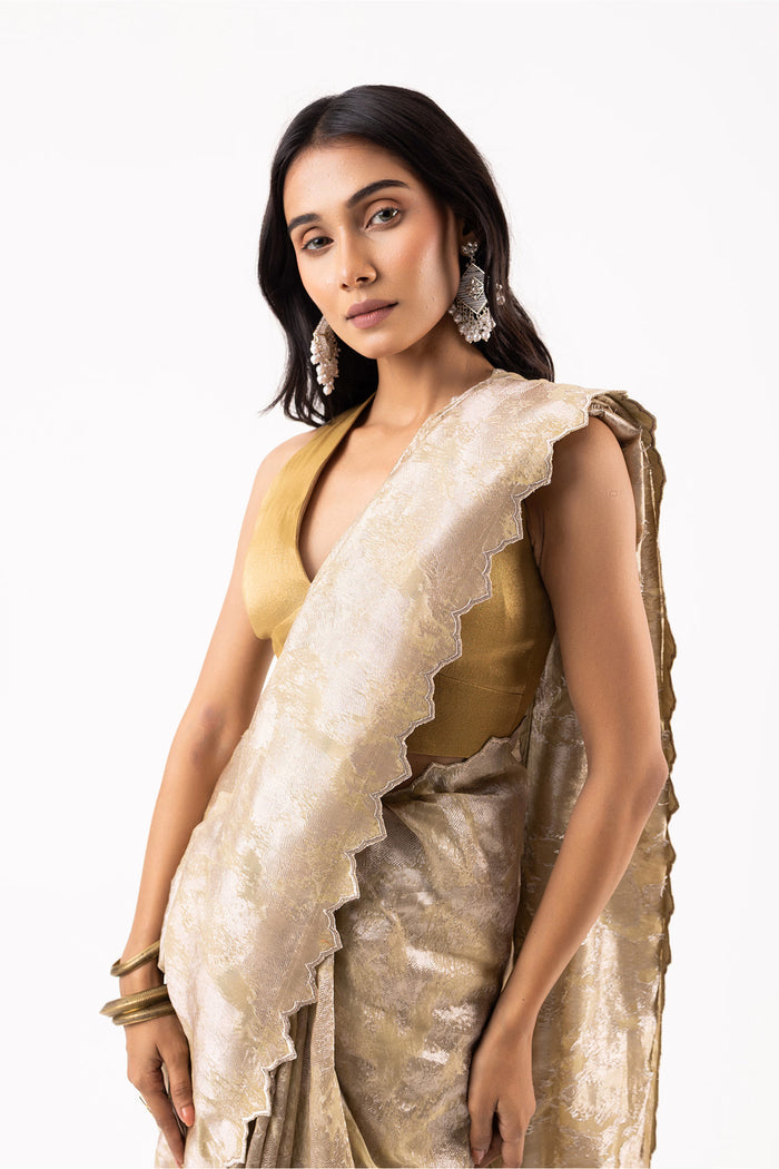 Dark Beige Viscose Jacquard Saree With Scallop Border