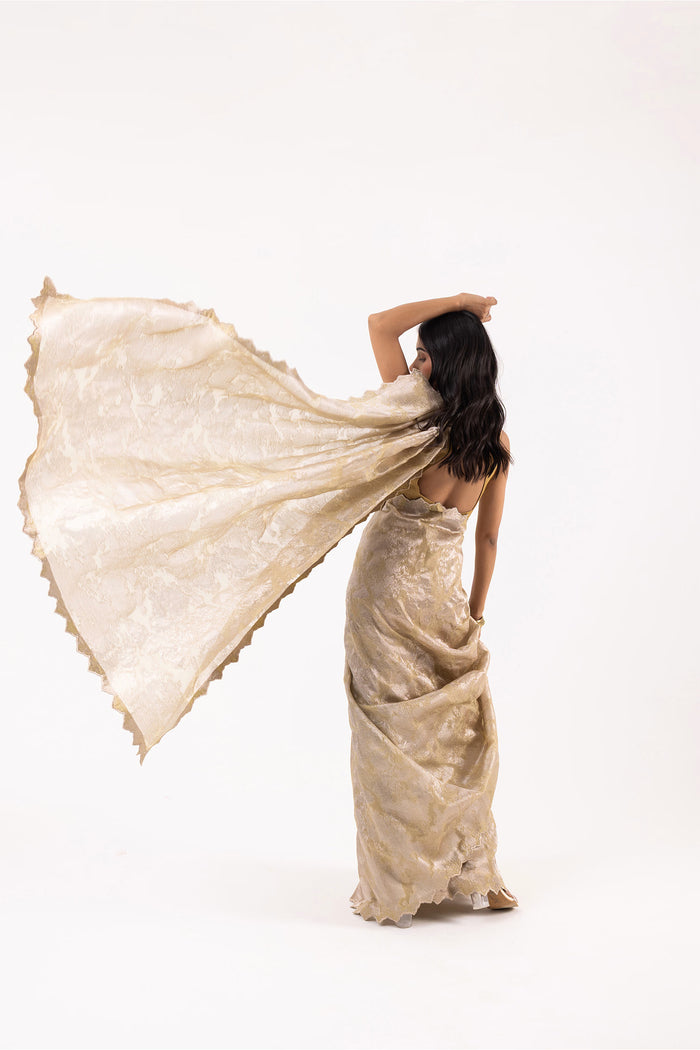 Dark Beige Viscose Jacquard Saree With Scallop Border