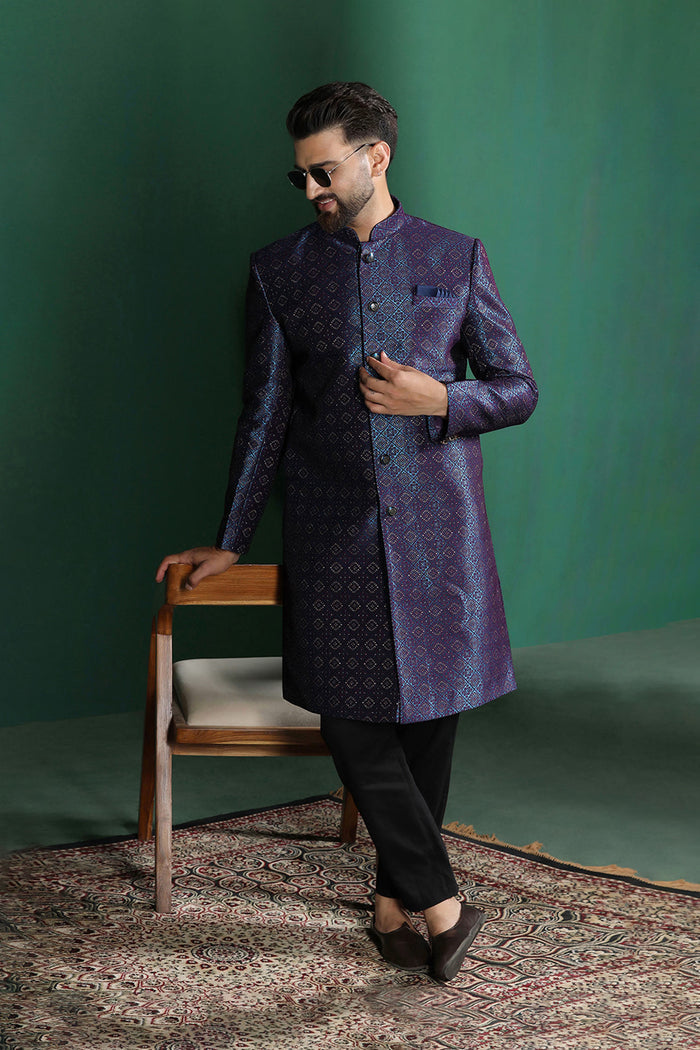 Dark Blue And Black Jacquard Texture Sherwani Set
