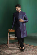 Dark Blue And Black Jacquard Texture Sherwani Set