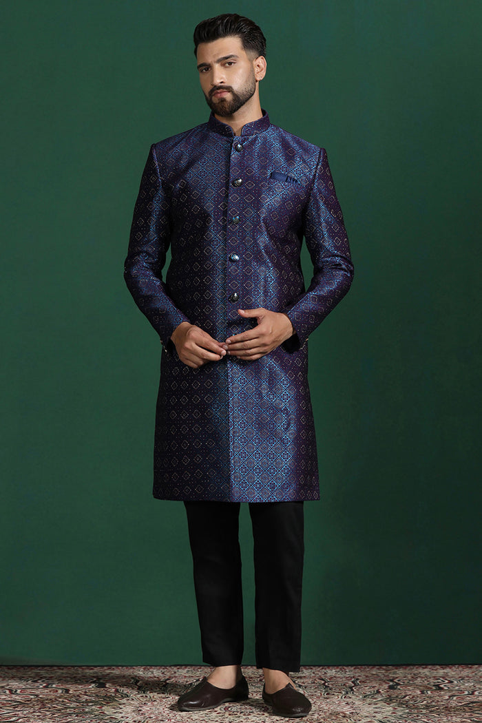 Dark Blue And Black Jacquard Texture Sherwani Set