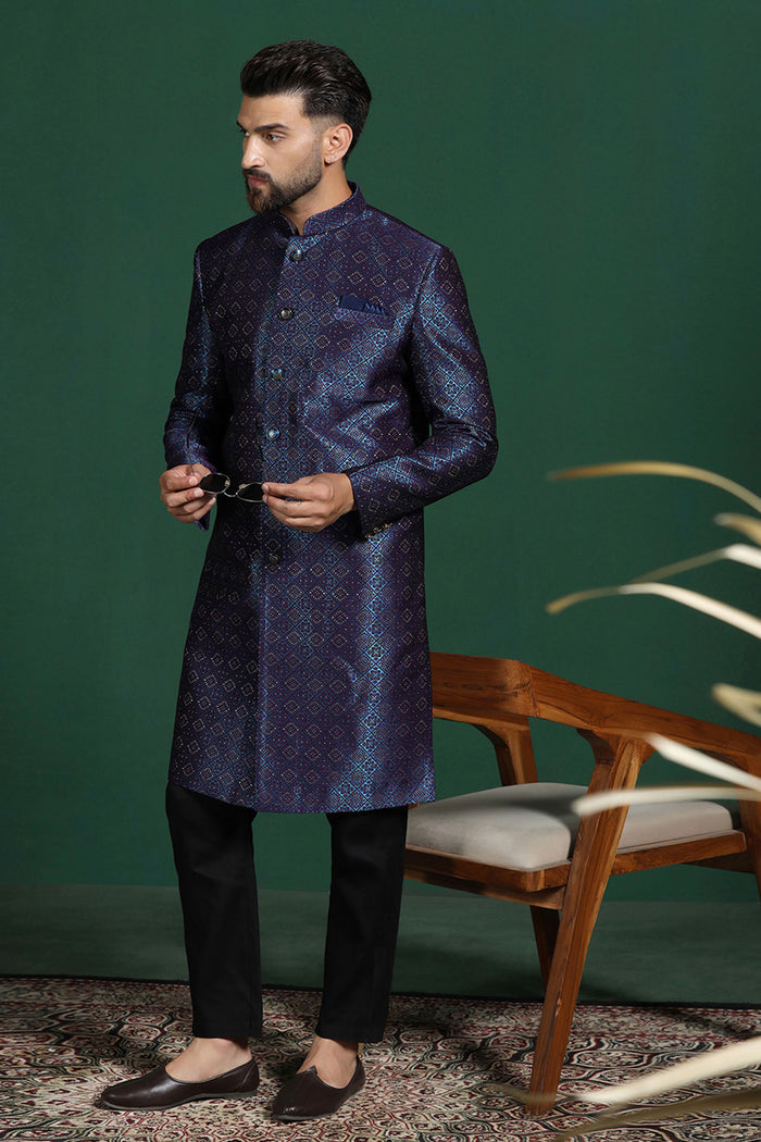 Dark Blue And Black Jacquard Texture Sherwani Set