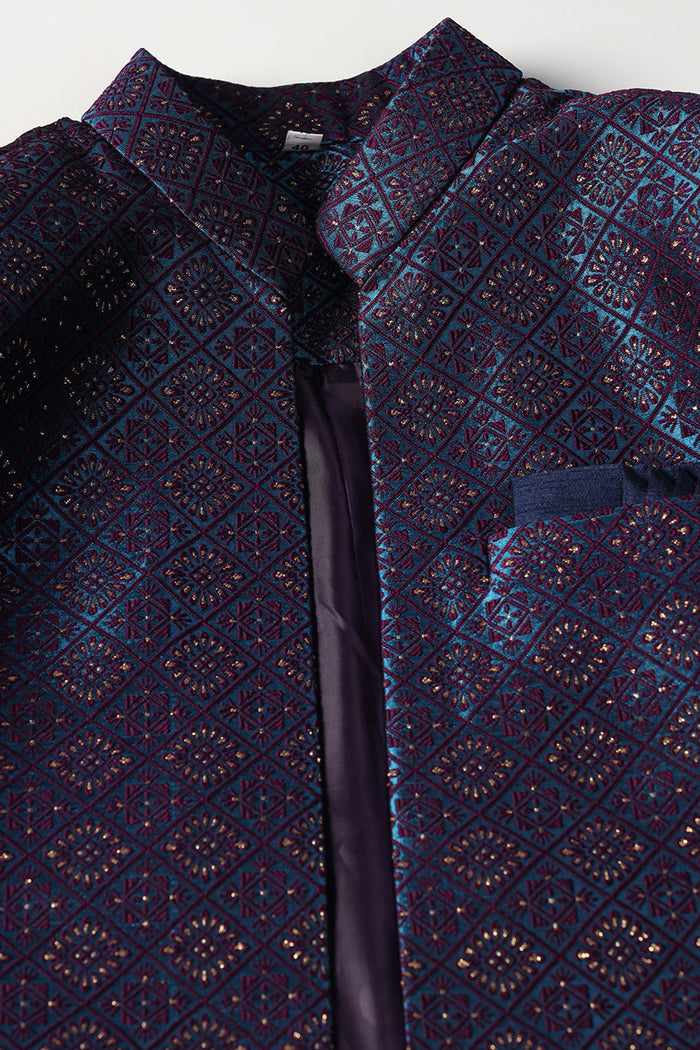 Dark Blue And Black Jacquard Texture Sherwani Set